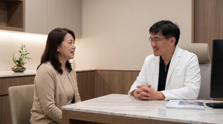 [吳紹琥醫師在診間講解體雕復胖原理] [透過運動與飲食搭配預防體雕復胖發生] [法瑞診所專業團隊提供抑制體雕復胖建議]