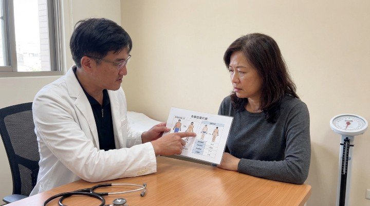 醫師在診間向患者說明體脂肪過高的定義 女性進行重量訓練以改善體脂肪過高困擾 營養豐富的均衡飲食能改善體脂肪過高