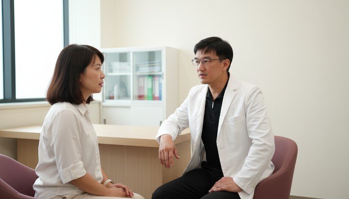 醫師於診間說明減肥針食慾反彈的生理成因 健康飲食餐盤示意圖預防減肥針食慾反彈 重訓運動示意圖有助於減緩減肥針食慾反彈