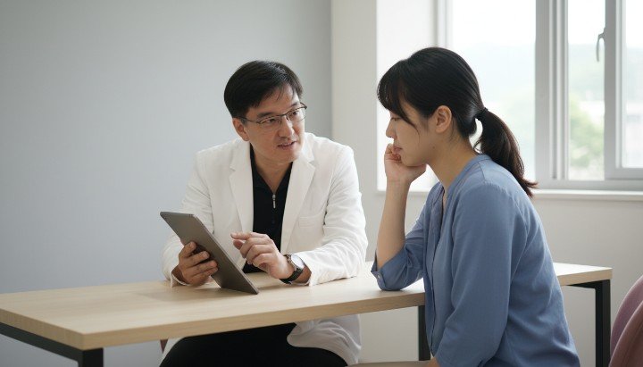 醫師在診間與患者深入討論精準醫療基因報告 實驗室正進行精準醫療相關的DNA定序分析流程 透過平板設備展示精準醫療個人化健康監測數據