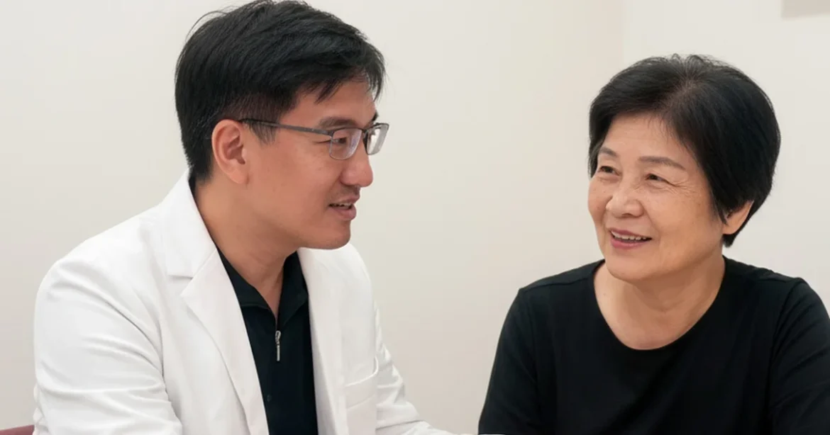 醫療專家解釋肝斑去除與治療方式的生動場景，背景有診所設備