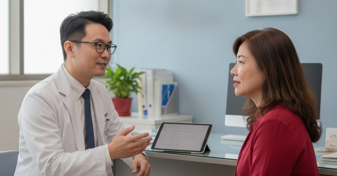 吳芮醫師於診間仔細評估肌膚狀況，強調安全重點
